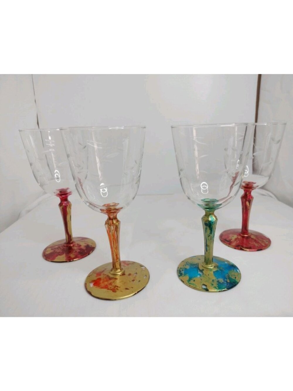 4 Italian Etched Wine Glass 7"X3" 1/4" Crystal MultiColored Stem BaseNew New